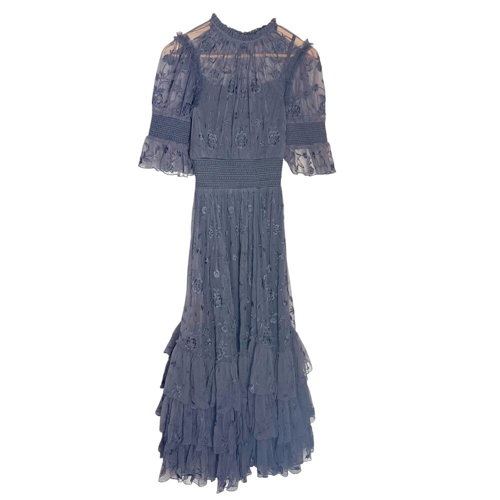 Mac Duggal 8242 Midnight Navy Embroidered Floral Mesh Tiered Ruffle Gown Size 2